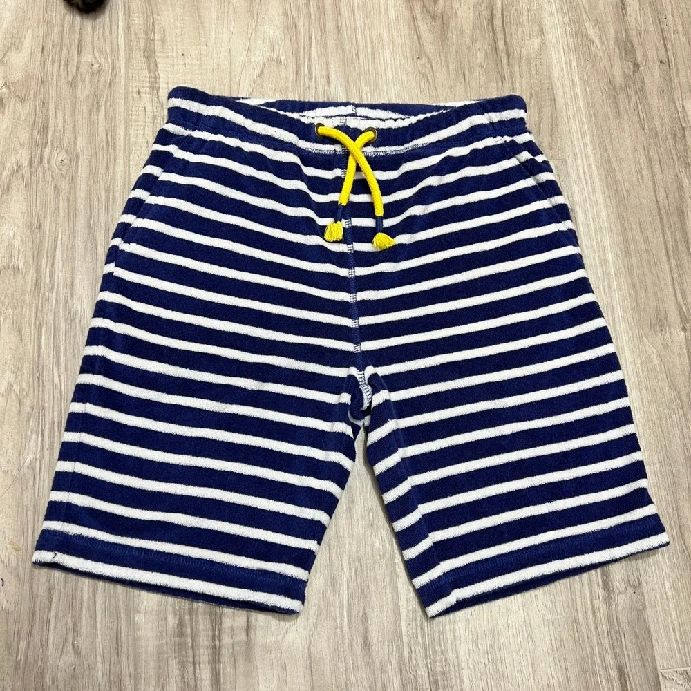 Mini Boden Toweling Shorts Size 10Y Blue White Striped Terry Cloth Yellow Pocket